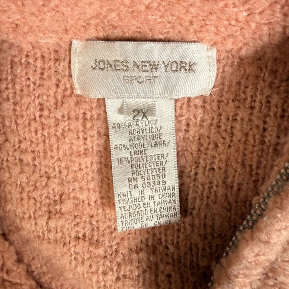 JONES NEW YORK SPORT Pink‎ Fuzzy Textured Zip Up Sweater Warm Cozy Size 2X